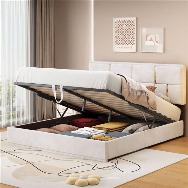 Mondawe Queen Size Platform Bed w/ Hydraulic Storage - Beige