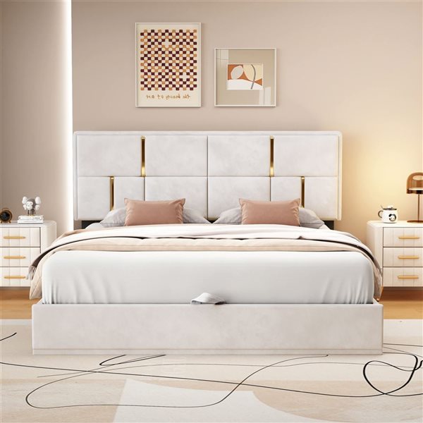 Mondawe Queen Size Platform Bed w/ Hydraulic Storage - Beige