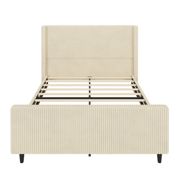 Mondawe Queen Size Corduroy Platform Bed Frame w/ High Headboard - White
