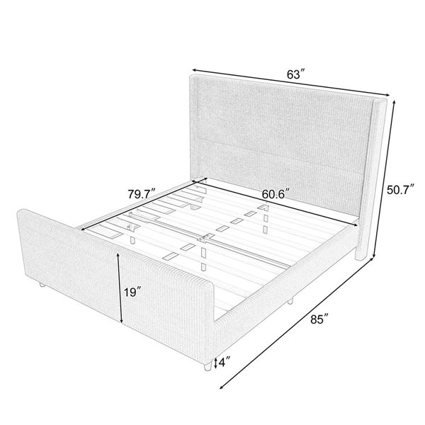 Mondawe Queen Size Corduroy Platform Bed Frame w/ High Headboard - White