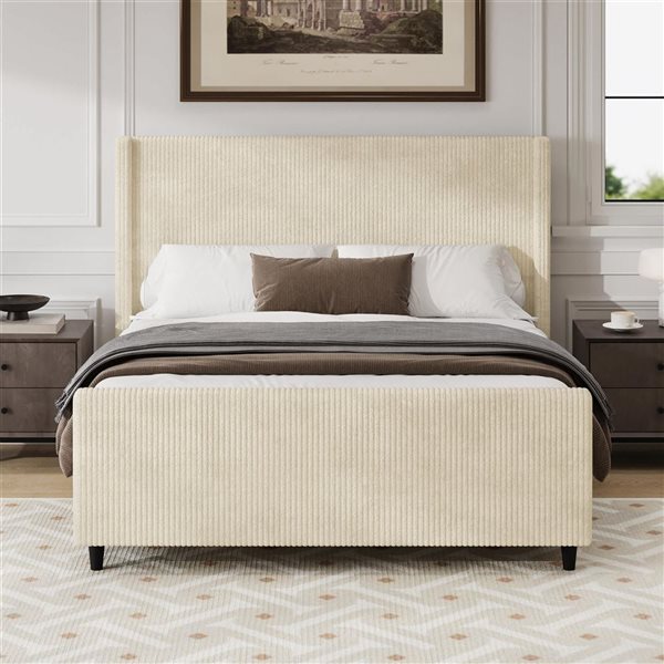 Mondawe Queen Size Corduroy Platform Bed Frame w/ High Headboard - White