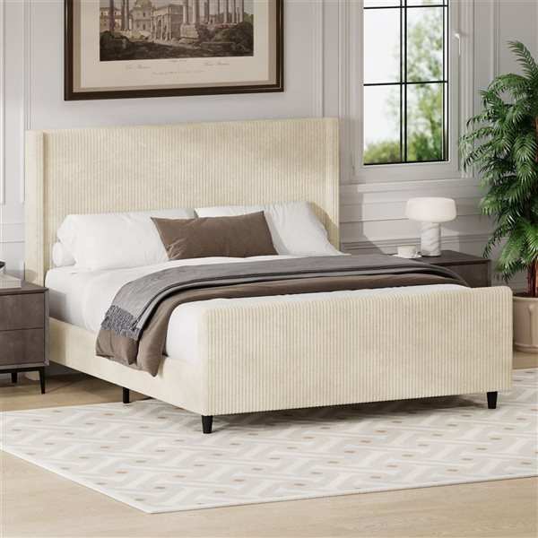Mondawe Queen Size Corduroy Platform Bed Frame w/ High Headboard - White