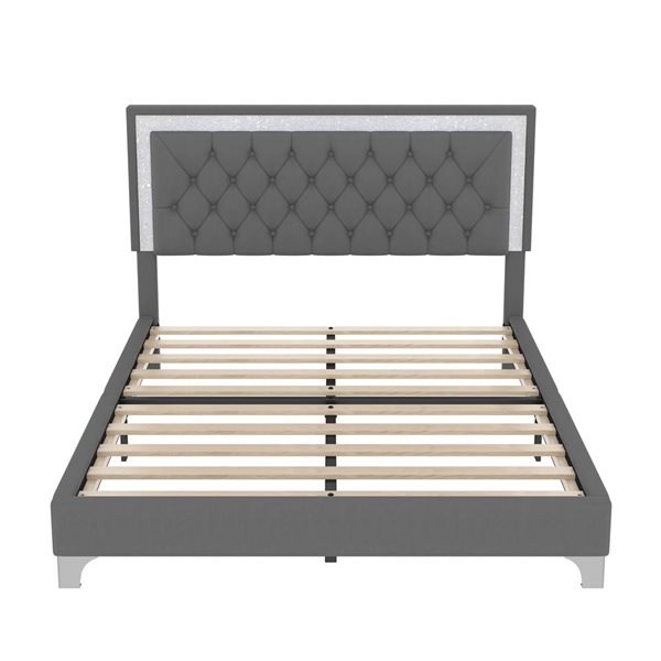 Mondawe Queen Size Velvet Platlform Bed Frame w/ LED Lights and Tufted Headboard - Grey