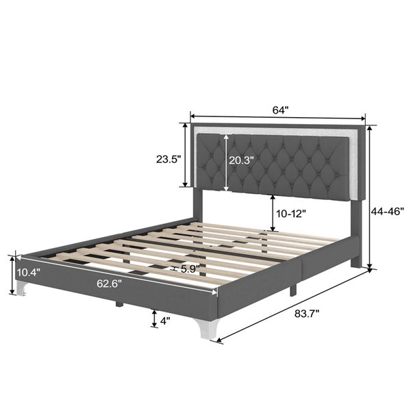 Mondawe Queen Size Velvet Platlform Bed Frame w/ LED Lights and Tufted Headboard - Grey