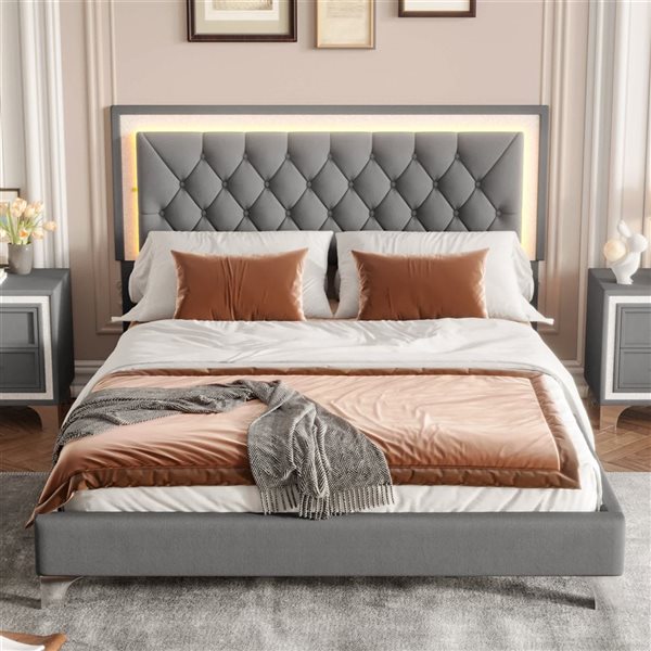 Mondawe Queen Size Velvet Platlform Bed Frame w/ LED Lights and Tufted Headboard - Grey