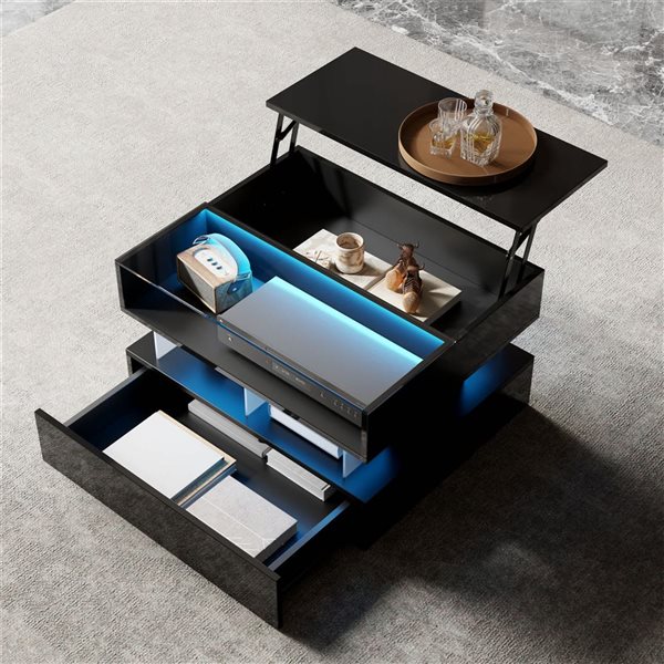 Mondawe High Coffee Table w/ Glass Top + LED Lighting and Drawer - High Gloss Black