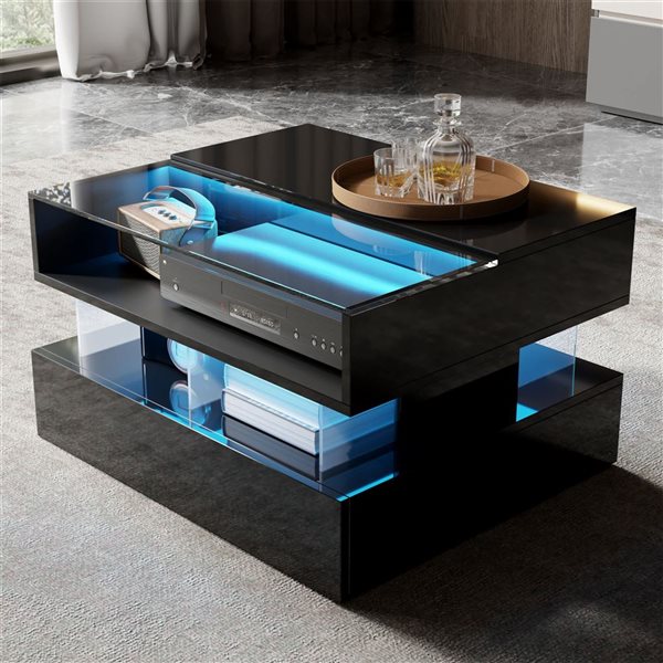Mondawe High Coffee Table w/ Glass Top + LED Lighting and Drawer - High Gloss Black