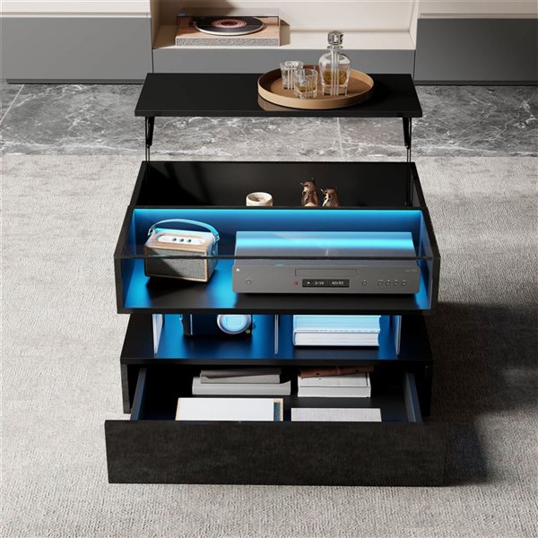 Mondawe High Coffee Table w/ Glass Top + LED Lighting and Drawer - High Gloss Black