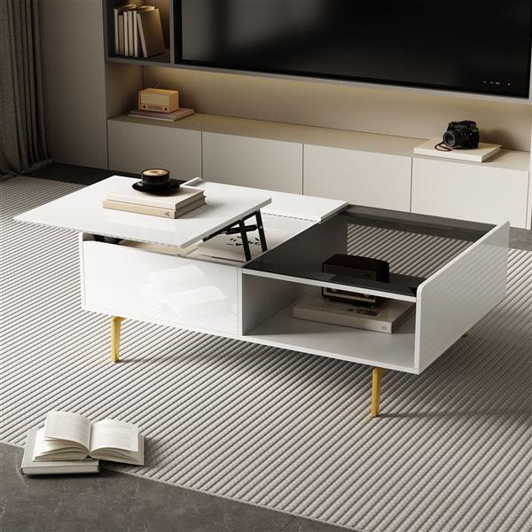 Mondawe Coffee Table w/ Glass Top and Lifting Top + LED Lighting - High Gloss White