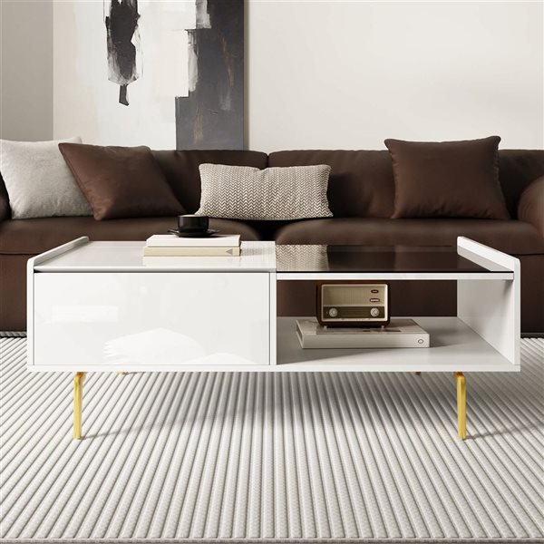 Mondawe Coffee Table w/ Glass Top and Lifting Top + LED Lighting - High Gloss White