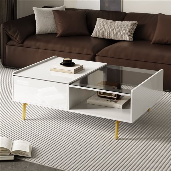 Mondawe Coffee Table w/ Glass Top and Lifting Top + LED Lighting - High Gloss White