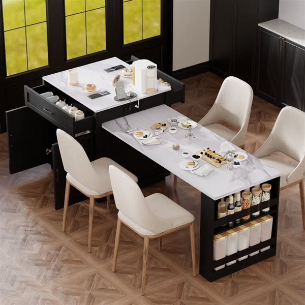 Homy Casa 83-in Kitchen Island w/ Extendable Dining Table Faux Marble Top + Power Outlet and Drawers - Black