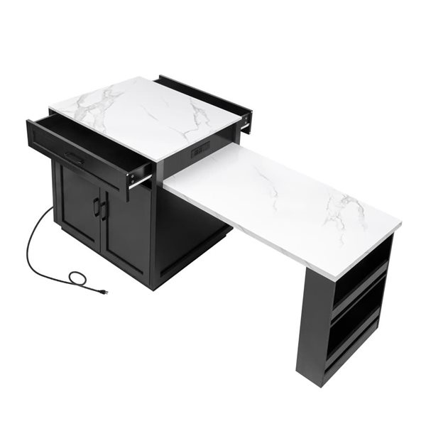 Homy Casa 83-in Kitchen Island w/ Extendable Dining Table Faux Marble Top + Power Outlet and Drawers - Black