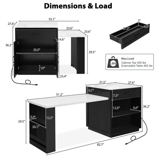 Homy Casa 83-in Kitchen Island w/ Extendable Dining Table Faux Marble Top + Power Outlet and Drawers - Black