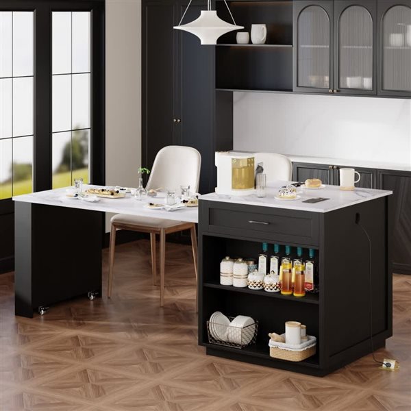 Homy Casa 83-in Kitchen Island w/ Extendable Dining Table Faux Marble Top + Power Outlet and Drawers - Black