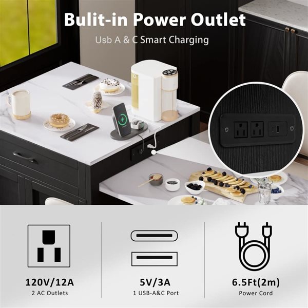 Homy Casa 83-in Kitchen Island w/ Extendable Dining Table Faux Marble Top + Power Outlet and Drawers - Black