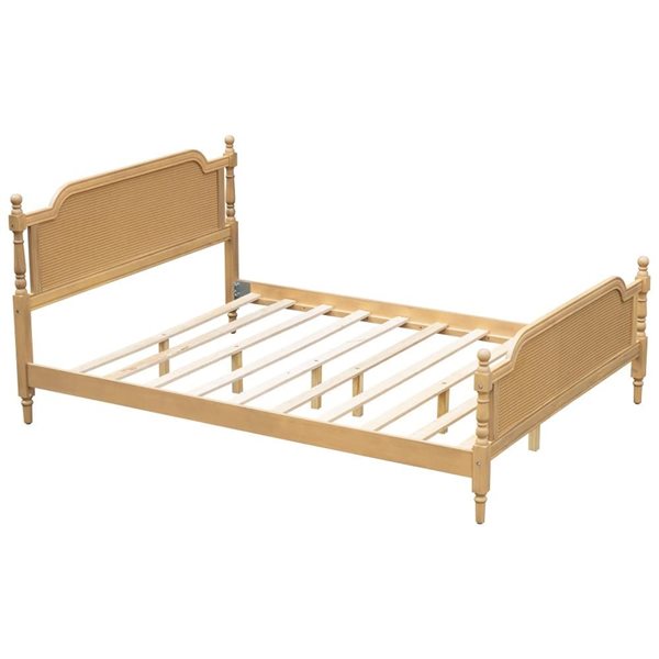 Homy Casa Queen Size Platform Bed w/ Solid Pine Wood and PE Rattan - Antique Walnut