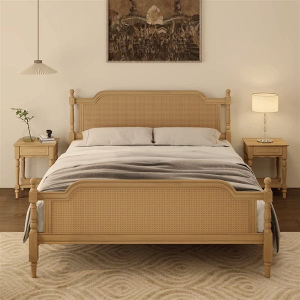 Homy Casa Queen Size Platform Bed w/ Solid Pine Wood and PE Rattan - Antique Walnut