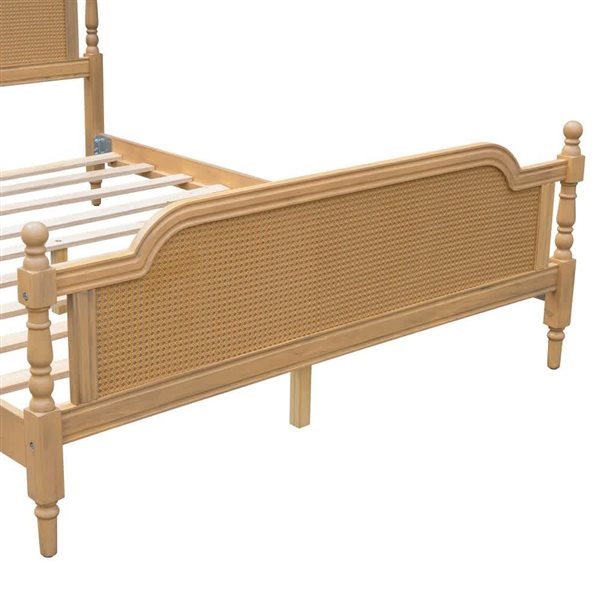 Homy Casa Queen Size Platform Bed w/ Solid Pine Wood and PE Rattan - Antique Walnut