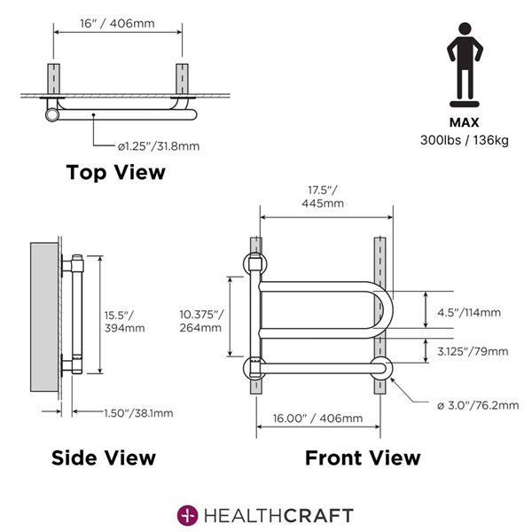 HealthCraft Products Dependa-Bar 16-in White Pivoting Grab Bar