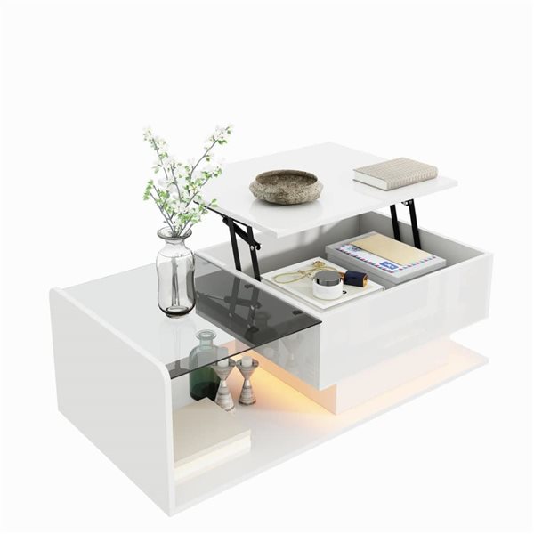 Homy Casa Lift Top Coffee Table w/ LED Lighting - White