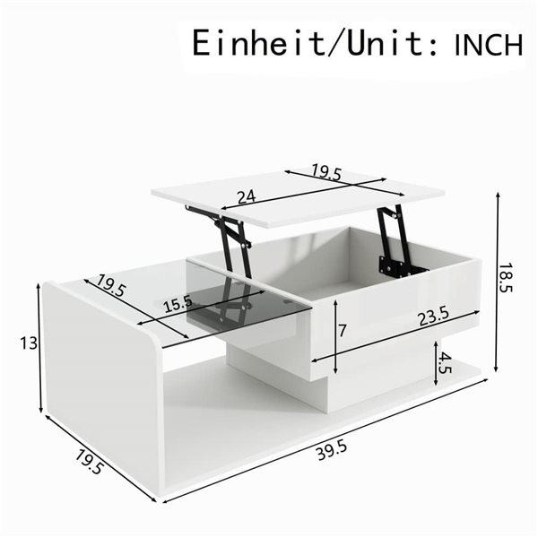 Homy Casa Lift Top Coffee Table w/ LED Lighting - White