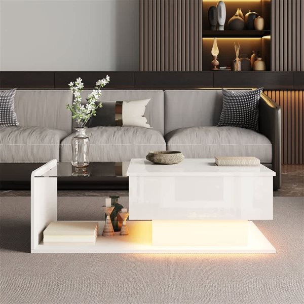 Homy Casa Lift Top Coffee Table w/ LED Lighting - White