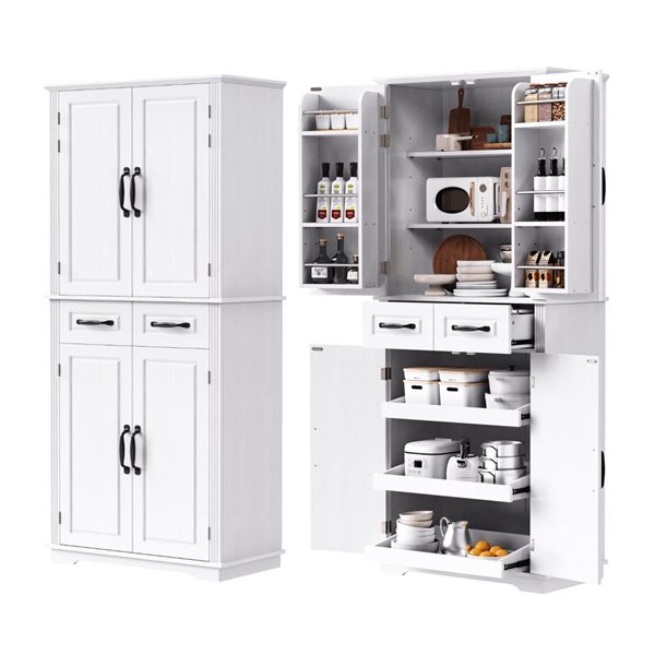 Homy Casa 72-in Farmhouse 6-Door Kitchen Pantry Cabinet w/ 3 Pull-Out ...