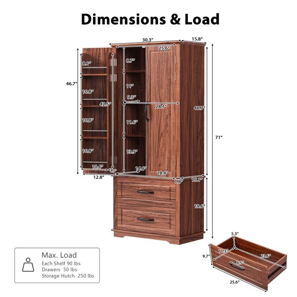 Homy Casa 71-in Brown Farmhouse Pantry Cabinet w/ 2 Drawers and Multiple Shelves - Brown