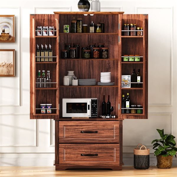 Homy Casa 71-in Brown Farmhouse Pantry Cabinet w/ 2 Drawers and Multiple Shelves - Brown