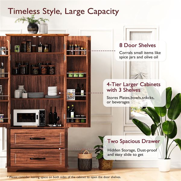 Homy Casa 71-in Brown Farmhouse Pantry Cabinet w/ 2 Drawers and Multiple Shelves - Brown