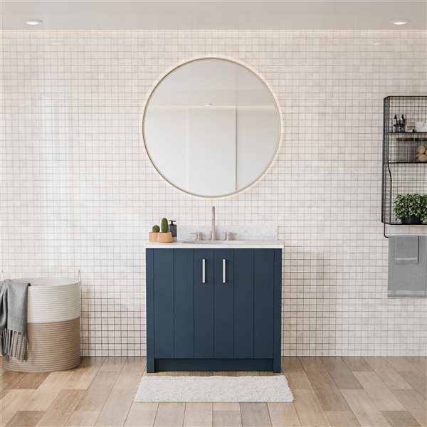 Urba 36-in Solid Oak Freestanding Vanity in Navy-White Marble Top and Brushed Nickel Hardware