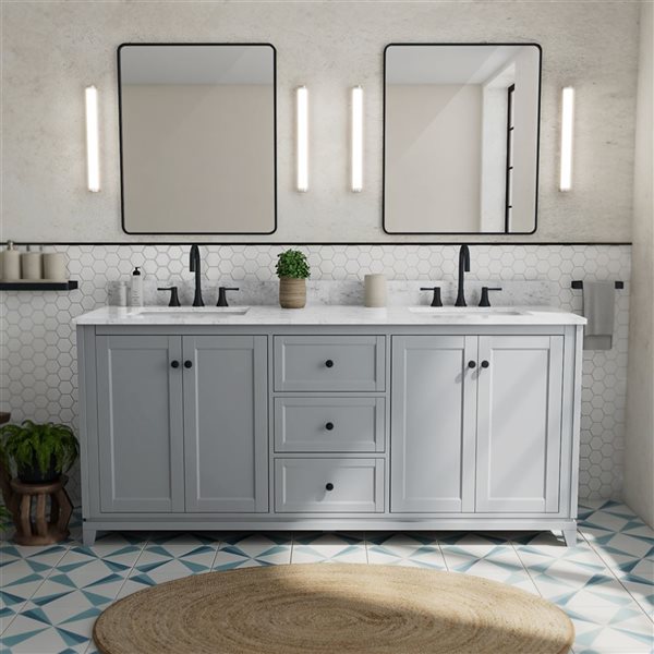 Vanuria 72-in Solid Oak Freestanding Vanity in Light Grey-White Marble Top and Matte Black Hardware