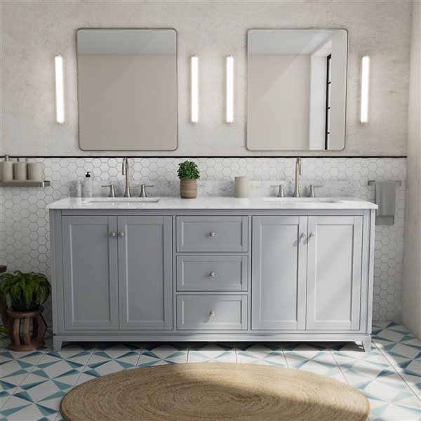 Vanuria 72-in Solid Oak Freestanding Vanity in Light Grey-White Marble Top and Brushed Nickel Hardware