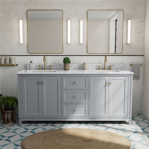 Vanuria 72-in Solid Oak Freestanding Vanity in Light Grey-White Marble Top and Brushed Gold Hardware