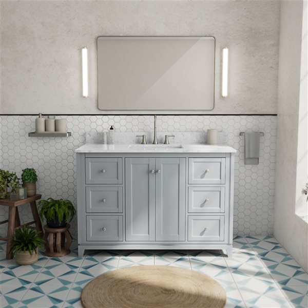 Vanuria 48-in Solid Oak Freestanding Vanity in Light Grey-White Marble Top and Brushed Nickel Hardware