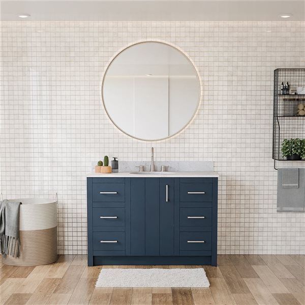 Urba 48-in Solid Oak Freestanding Vanity in Navy-White Marble Top and Brushed Nickel Hardware