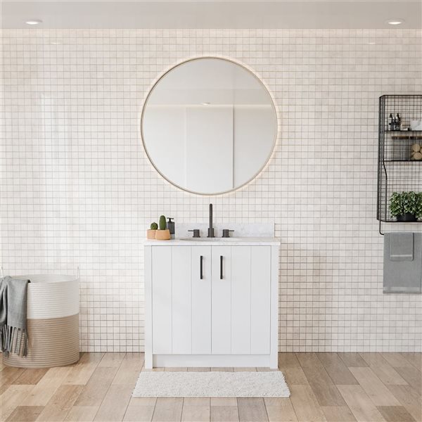 Urba 36-in Solid Oak Freestanding Vanity in White-White Marble Top and Matte Black Hardware