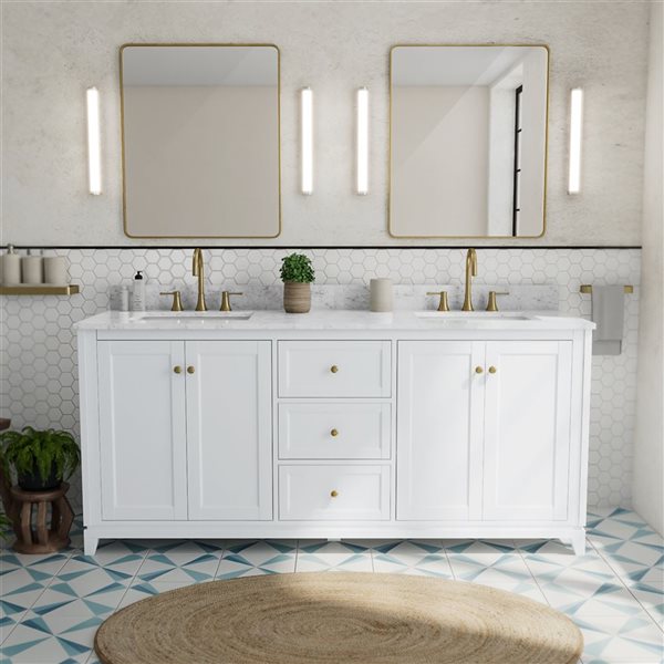 Vanuria 72-in Solid Oak Freestanding Vanity in White-White Marble Top and Brushed Gold Hardware