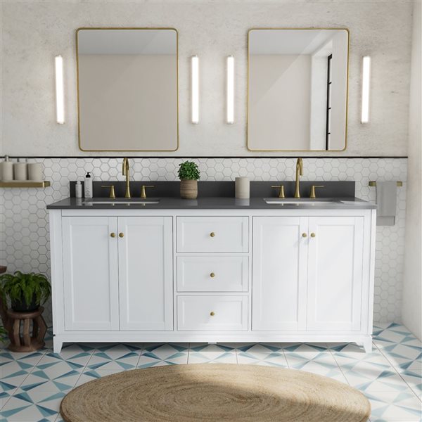 Vanuria 72-in Solid Oak Freestanding Vanity in White-Grey Quartz Top and Brushed Gold Hardware