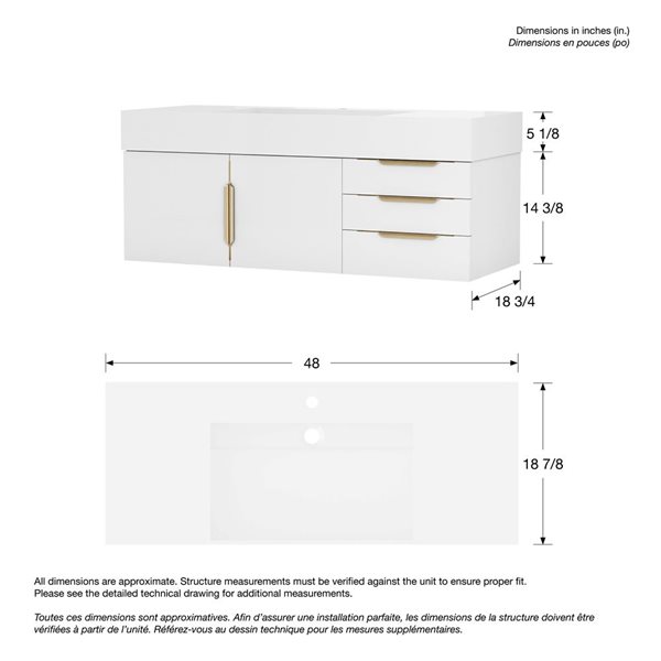 Zidea 48-in Solid Oak Floating Vanity in White w/White Solid Top