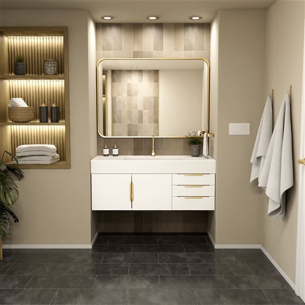 Zidea 48-in Solid Oak Floating Vanity in White w/White Solid Top