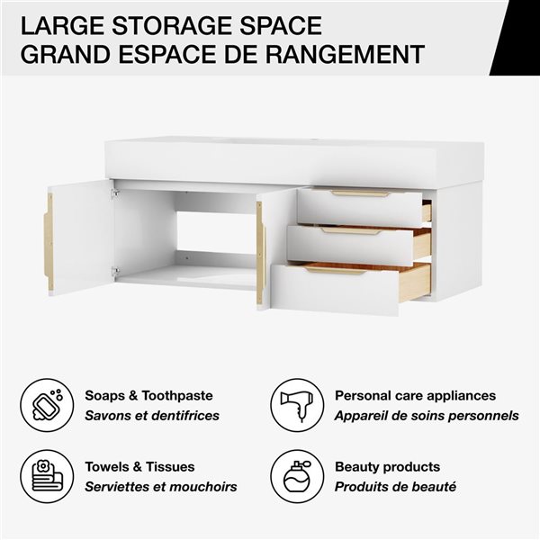 Zidea 48-in Solid Oak Floating Vanity in White w/White Solid Top