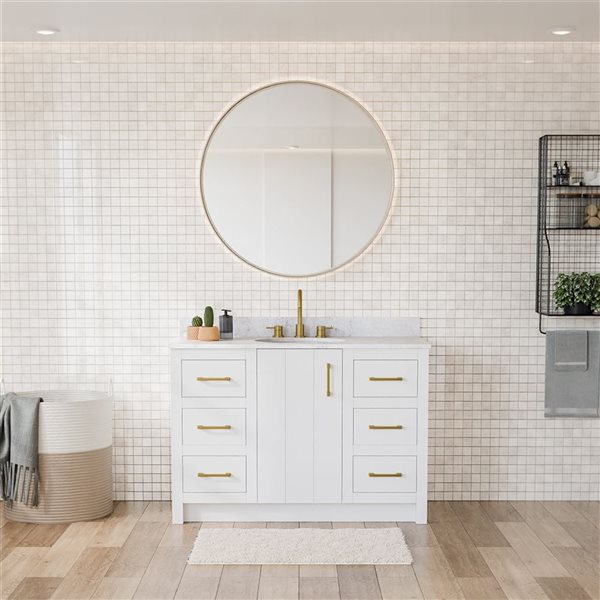 Urba 48-in Solid Oak Freestanding Vanity in White-White Marble Top and Brushed Gold Hardware