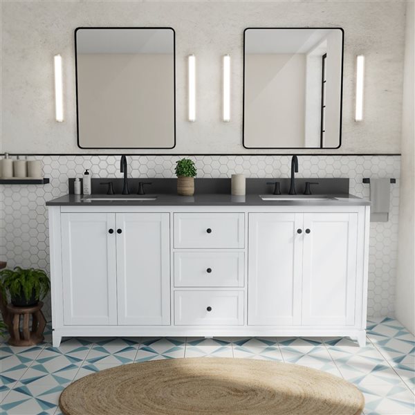 Vanuria 72-in Solid Oak Freestanding Vanity in White-Grey Quartz Top and Matte Black Hardware
