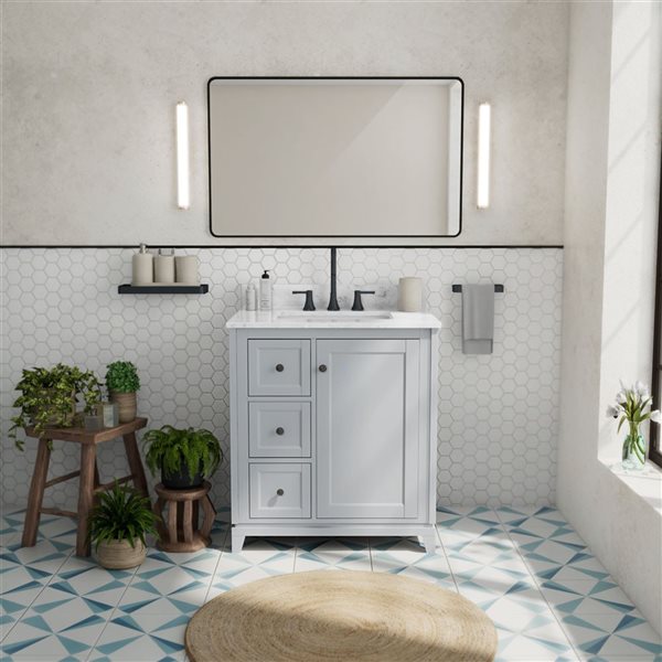 Vanuria 30-in Solid Oak Freestanding Vanity in Light Grey-White Marble Top and Matte Black Hardware