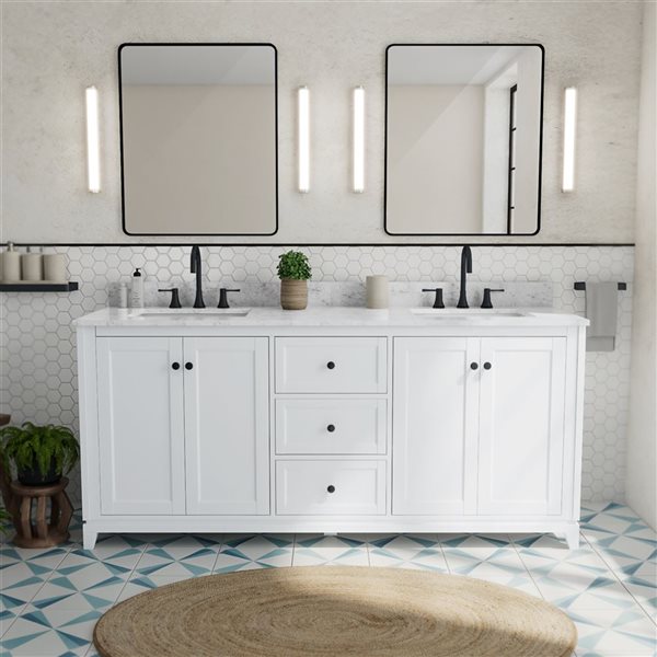 Vanuria 72-in Solid Oak Freestanding Vanity in White-White Marble Top and Matte Black Hardware