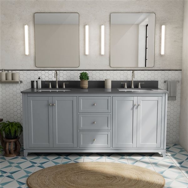 Vanuria 72-in Solid Oak Freestanding Vanity in Light Grey-Grey Quartz Top and Brushed Nickel Hardware