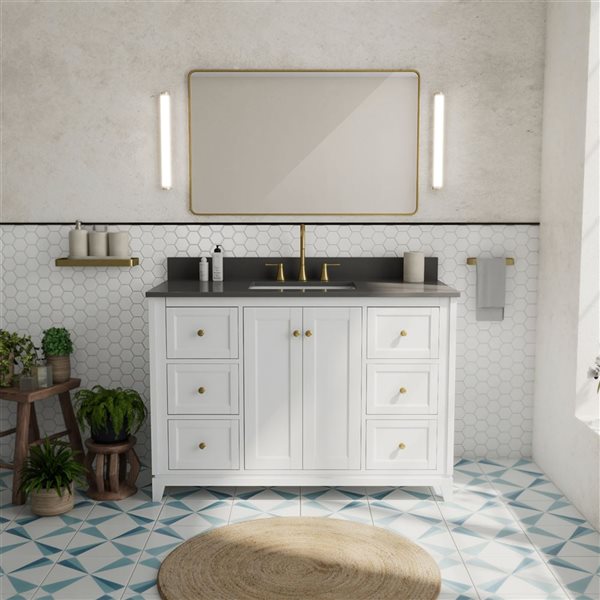 Vanuria 48-in Solid Oak Freestanding Vanity in White-Grey Quartz Top and Brushed Gold Hardware