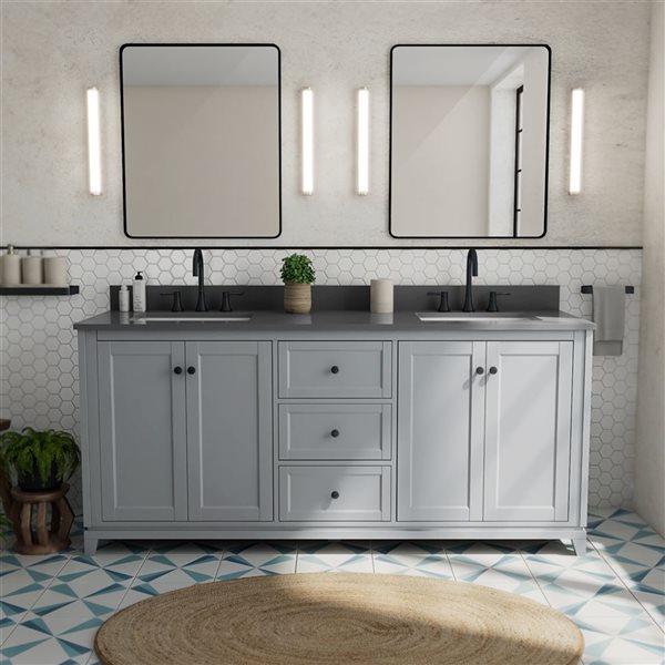 Vanuria 72-in Solid Oak Freestanding Vanity in Light Grey-Grey Quartz Top and Matte Black Hardware